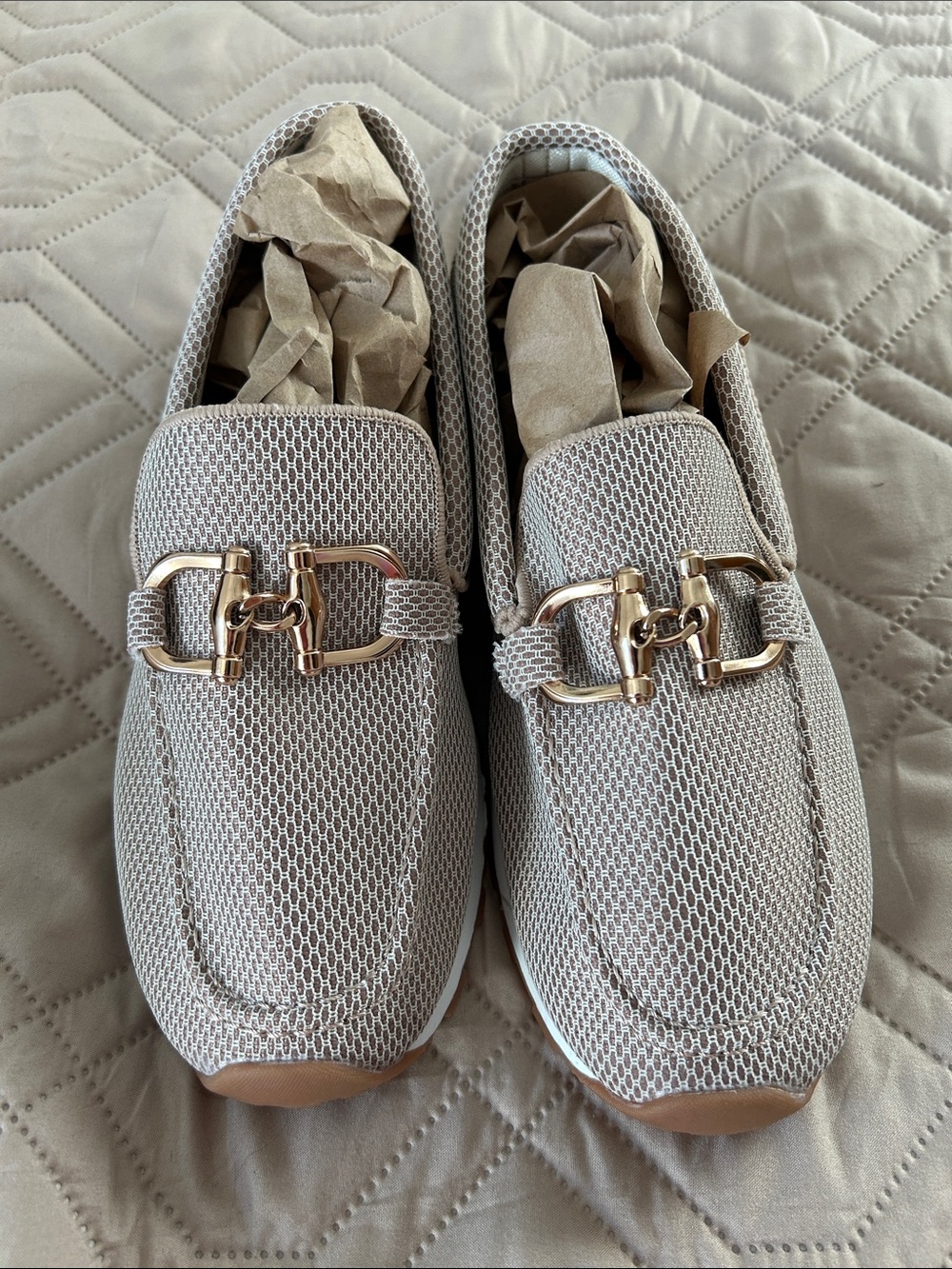NWOT Women's Mesh Slip-On Loafers with Gold Hardware | Beige | Size 9 US / EU 40